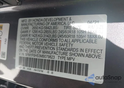 2021 Honda Pilot Awd Ex-L z USA, uszkodzony, nr VIN 5FNYF6H53MB079823